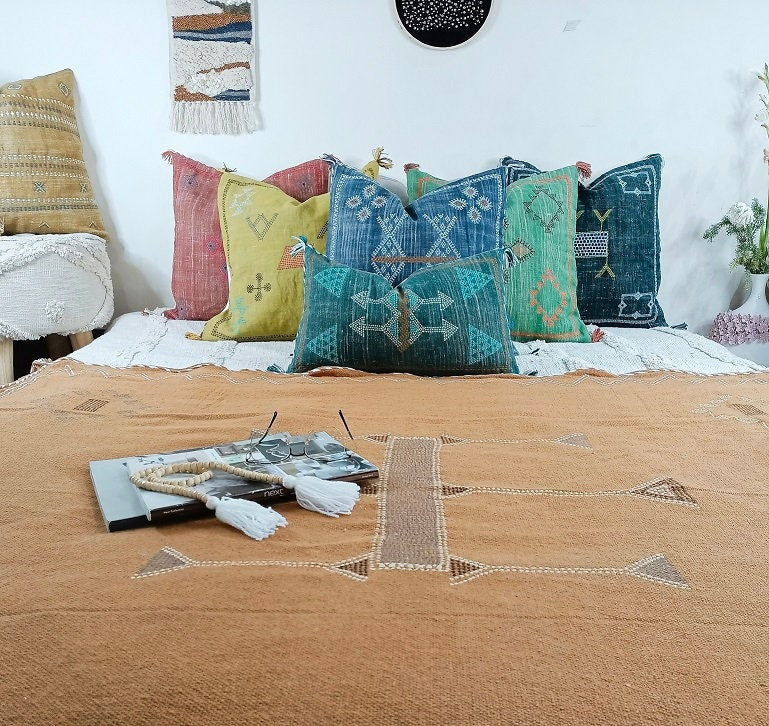 Embroidered Linen Pillow Cover: Boho Cactus Silk Cushion with Tassels