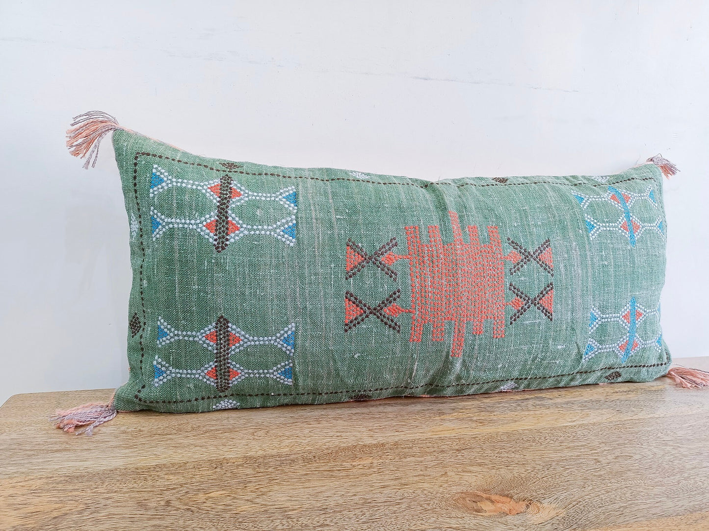 Hand Embroidered Green Linen Lumbar Pillow Cover: Boho Tassel Cushion