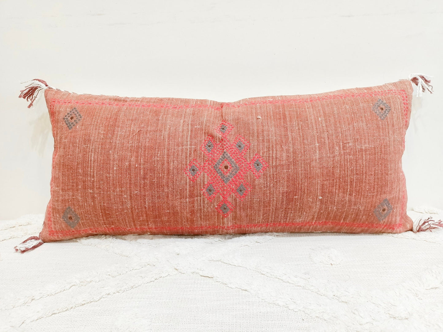 Coral Embroidered Linen Lumbar Pillow Cover: 12x28 Boho Throw Pillow | Long Decorative Cushion | Handmade Bed & Sofa Pillow
