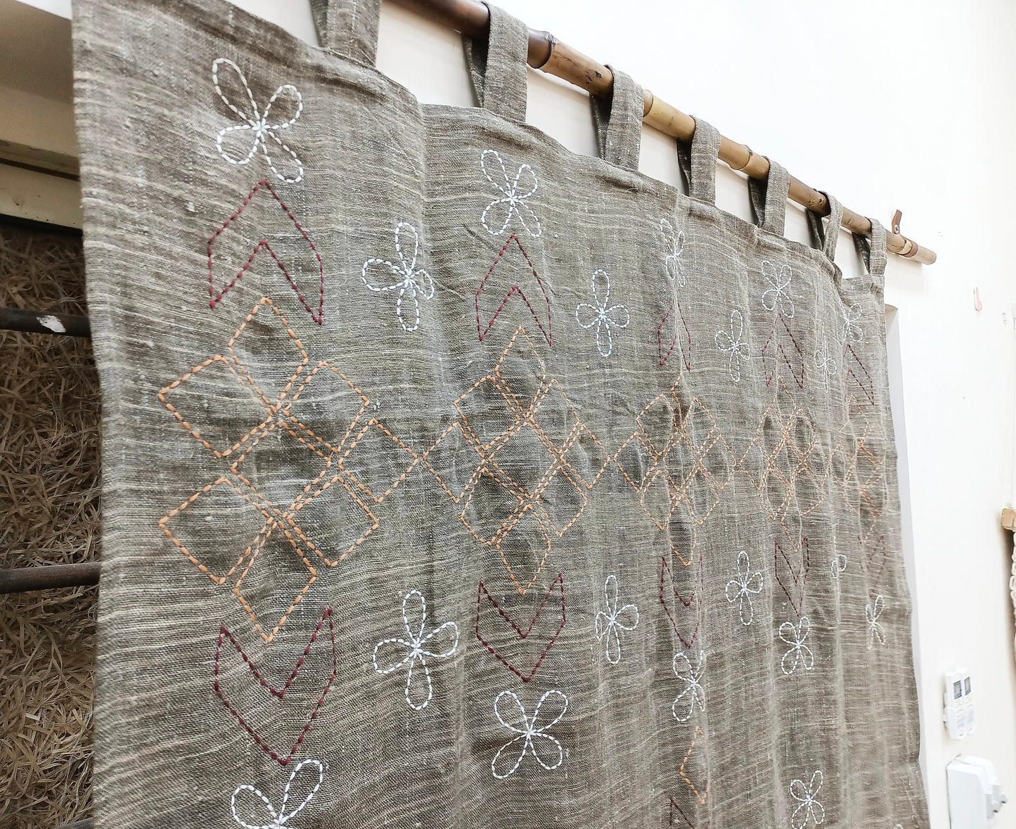 Hand Embroidered Linen Curtain: Boho Farmhouse Window Panel