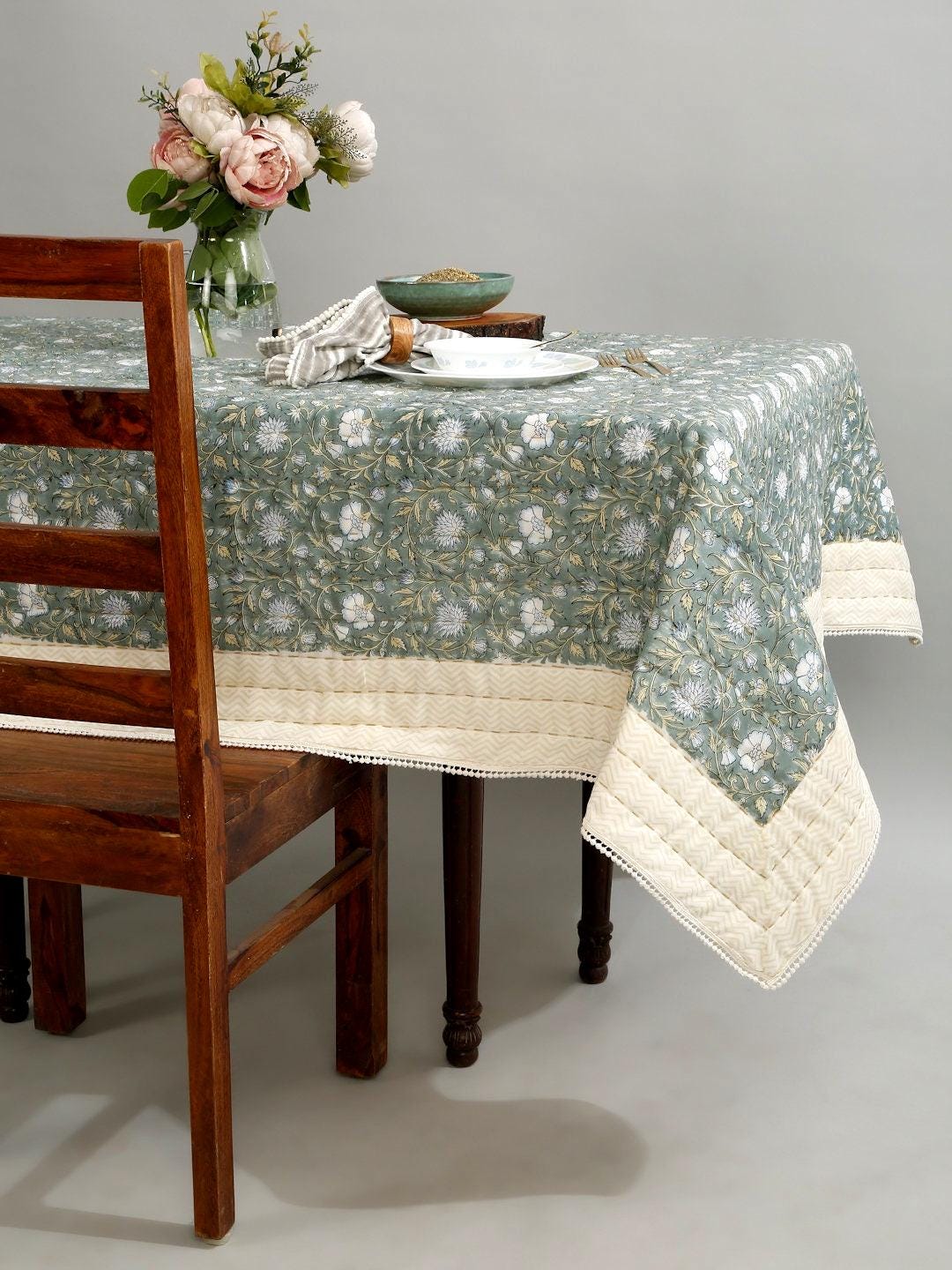 Hand Block Printed Kantha Quilted Tablecloth, Floral Boho Farmhouse Table Decor