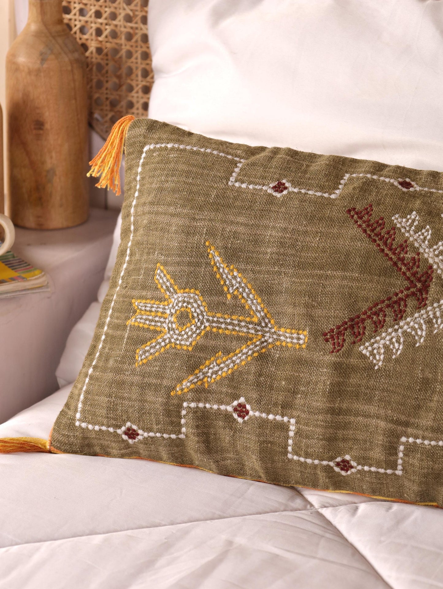 Embroidered Linen Lumbar Pillow Cover: Handcrafted Boho Lumbar Cushion | Moroccan-Inspired Decor | Handmade Gift for Her