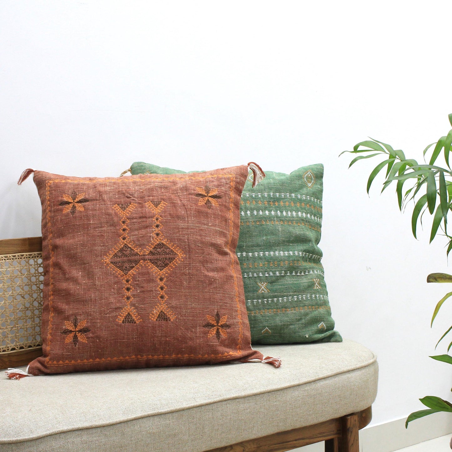 Hand Embroidered Linen Pillow Cover: Burnt Orange Boho Throw Cushion (20x20)
