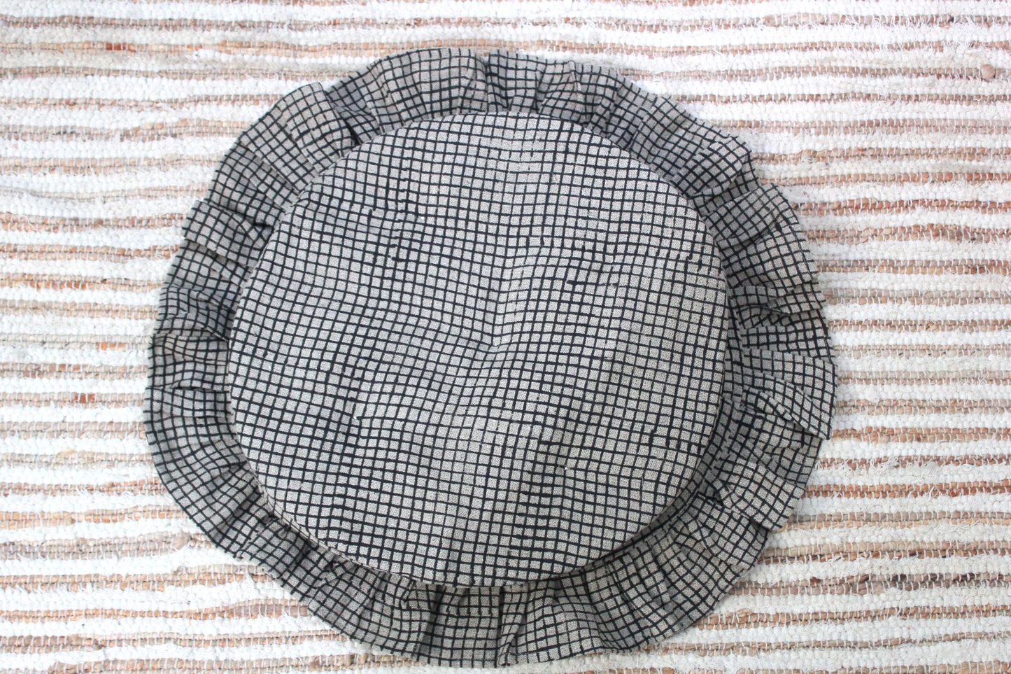Farmhouse Linen Stool Covers (Set of 2), Hand Block Printed Gingham Ruffled Seat