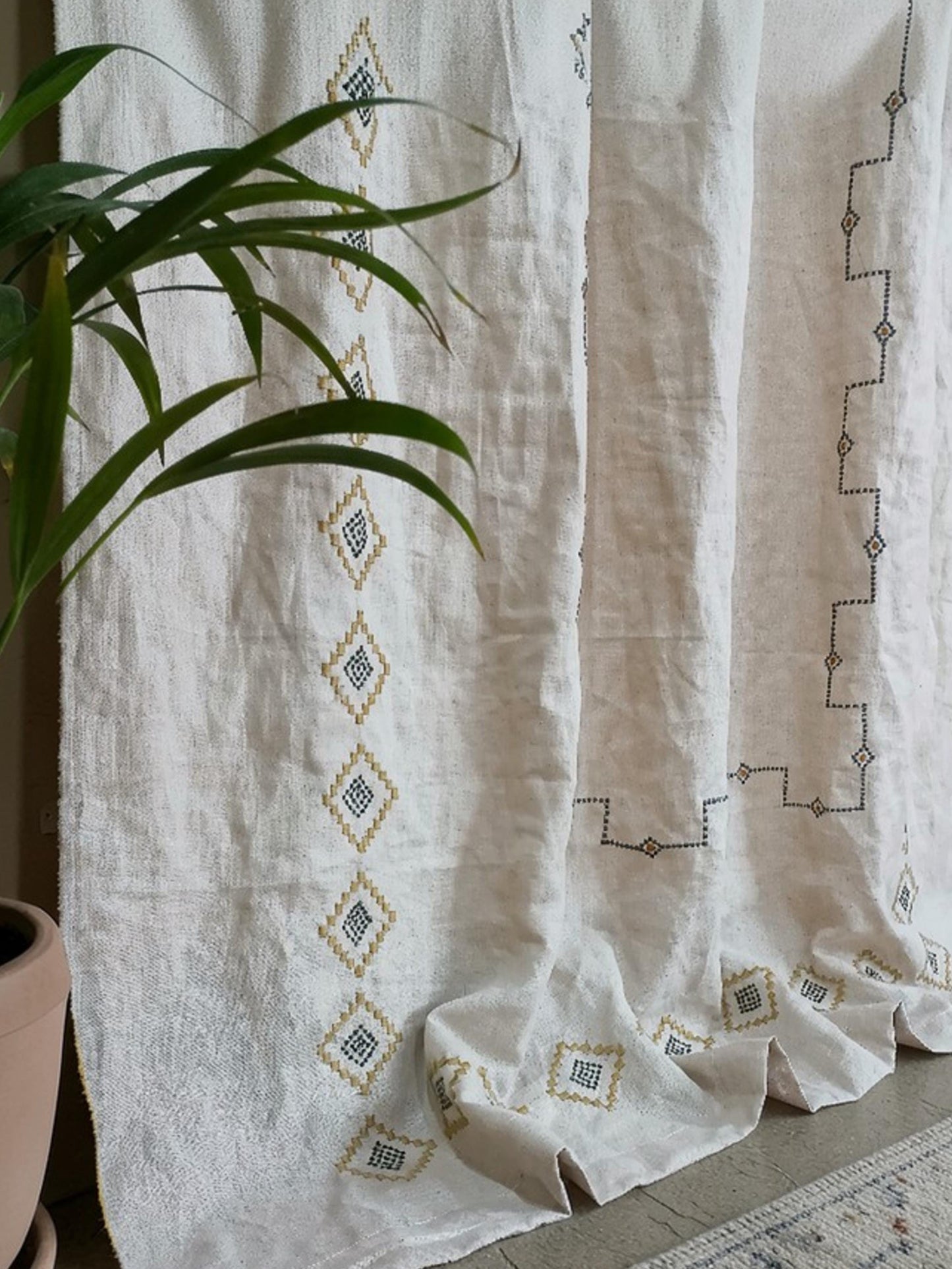 Embroidered Linen Curtain Panel: Natural Boho Farmhouse Drapes