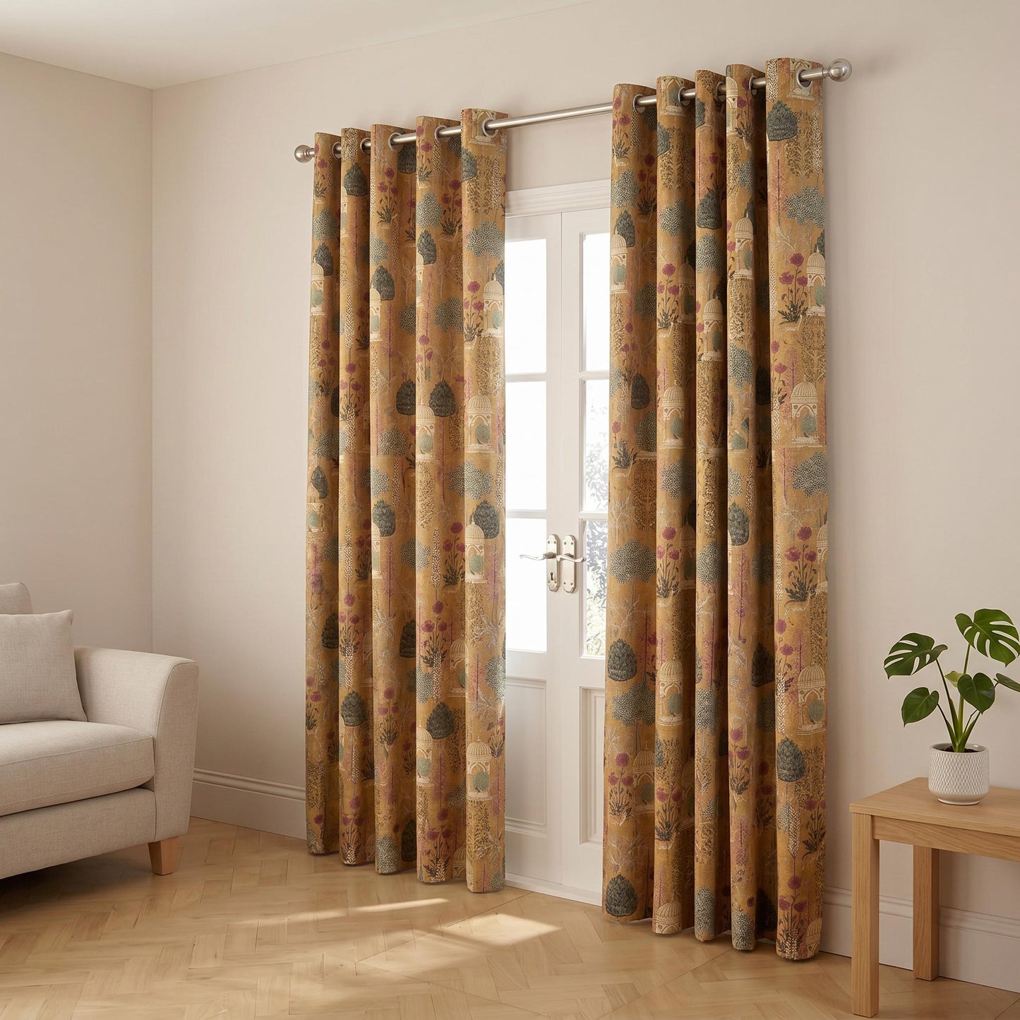 Indian Heritage Printed Linen Curtain Panel: Natural Boho Farmhouse Drapes