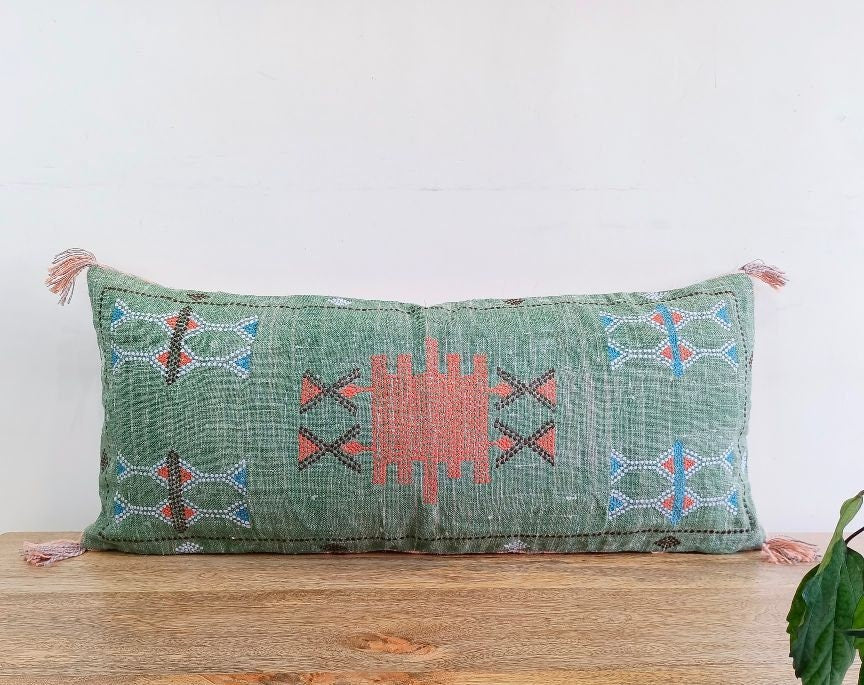 Hand Embroidered Green Linen Lumbar Pillow Cover: Boho Tassel Cushion