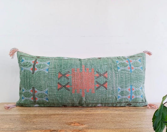 Hand Embroidered Green Linen Lumbar Pillow Cover: Boho Tassel Cushion