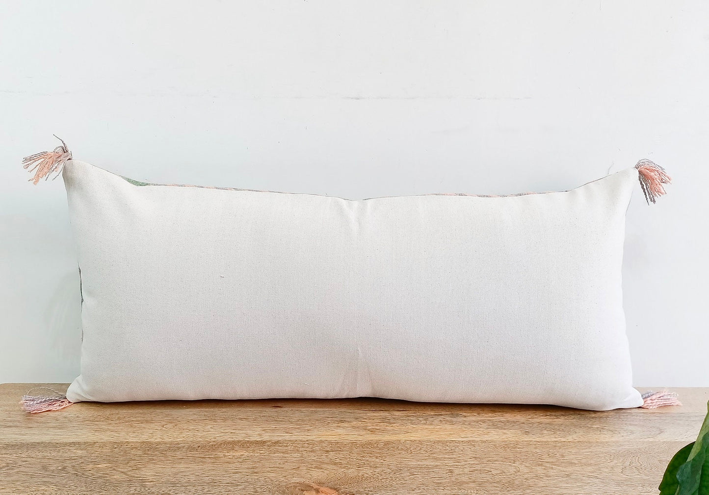 Hand Embroidered Green Linen Lumbar Pillow Cover: Boho Tassel Cushion