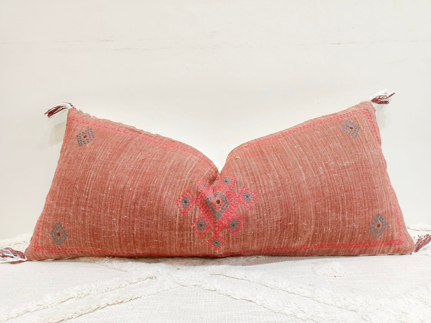 Coral Embroidered Linen Lumbar Pillow Cover: 12x28 Boho Throw Pillow | Long Decorative Cushion | Handmade Bed & Sofa Pillow