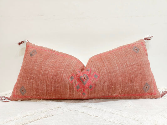 Coral Embroidered Linen Lumbar Pillow Cover: 12x28 Boho Throw Pillow | Long Decorative Cushion | Handmade Bed & Sofa Pillow