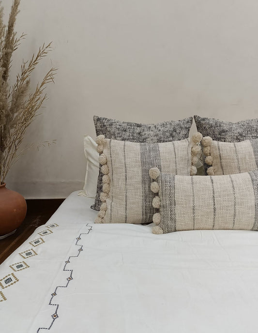 Handwoven Cotton Pom Pom Pillow Cover | Gray Stripe Boho Cushion
