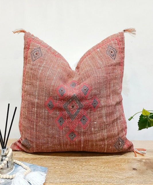 Embroidered Linen Pillow Cover: Boho Cactus Silk Cushion with Tassels