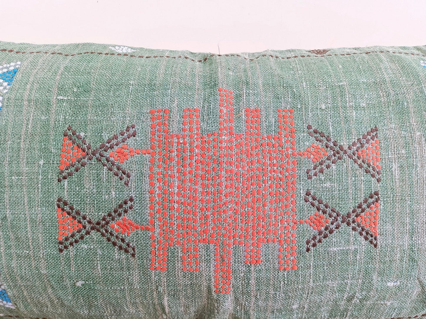Hand Embroidered Green Linen Lumbar Pillow Cover: Boho Tassel Cushion