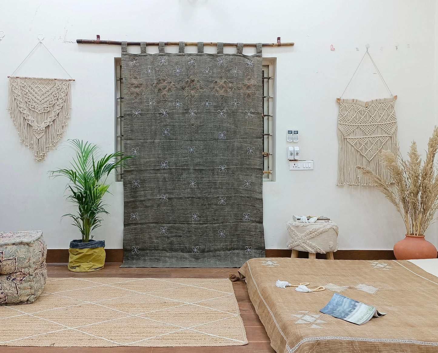 Hand Embroidered Linen Curtain: Boho Farmhouse Window Panel