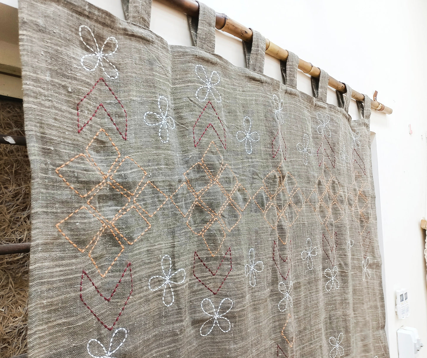 Hand Embroidered Linen Curtain: Boho Farmhouse Window Panel