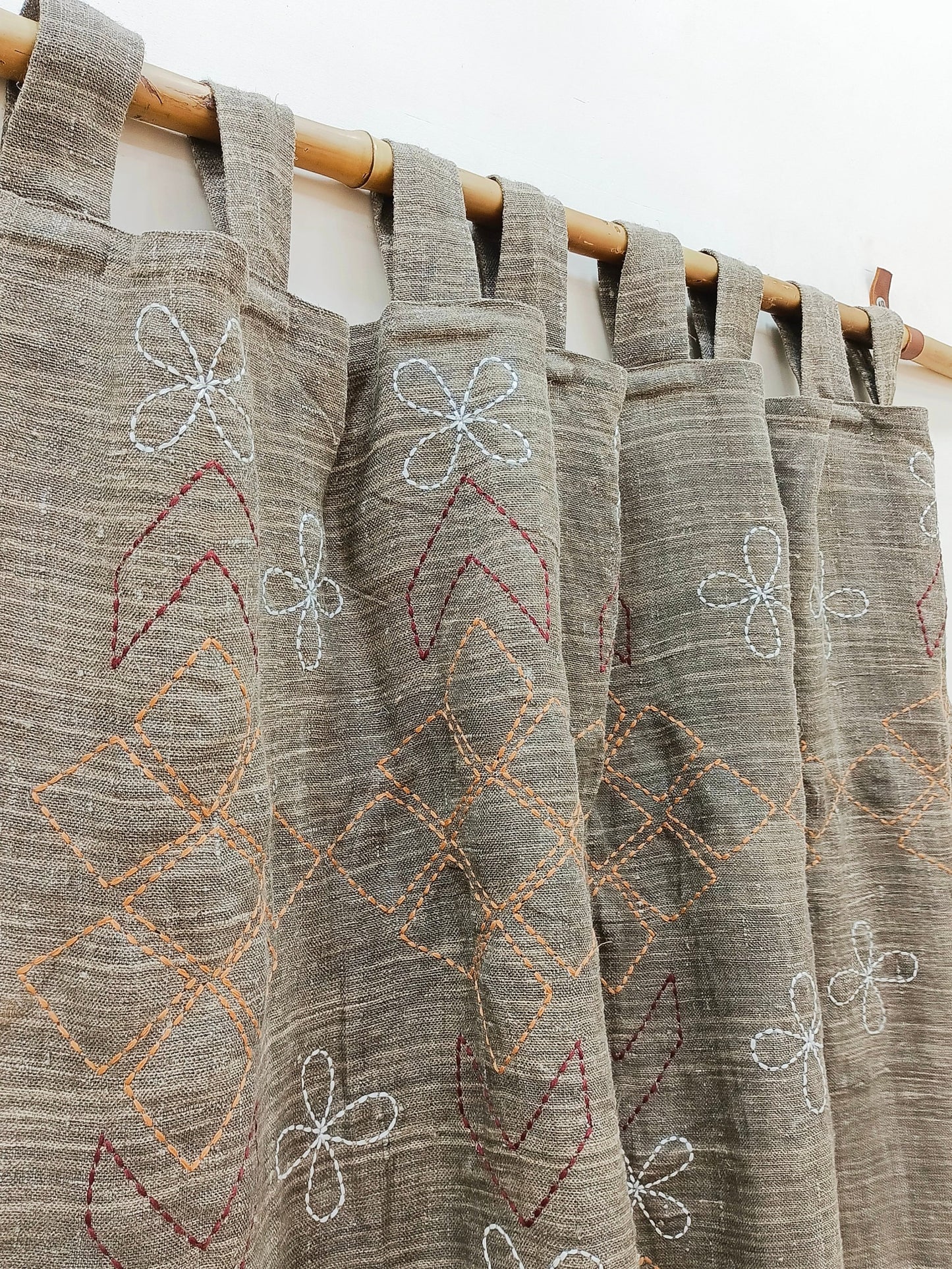 Hand Embroidered Linen Curtain: Boho Farmhouse Window Panel