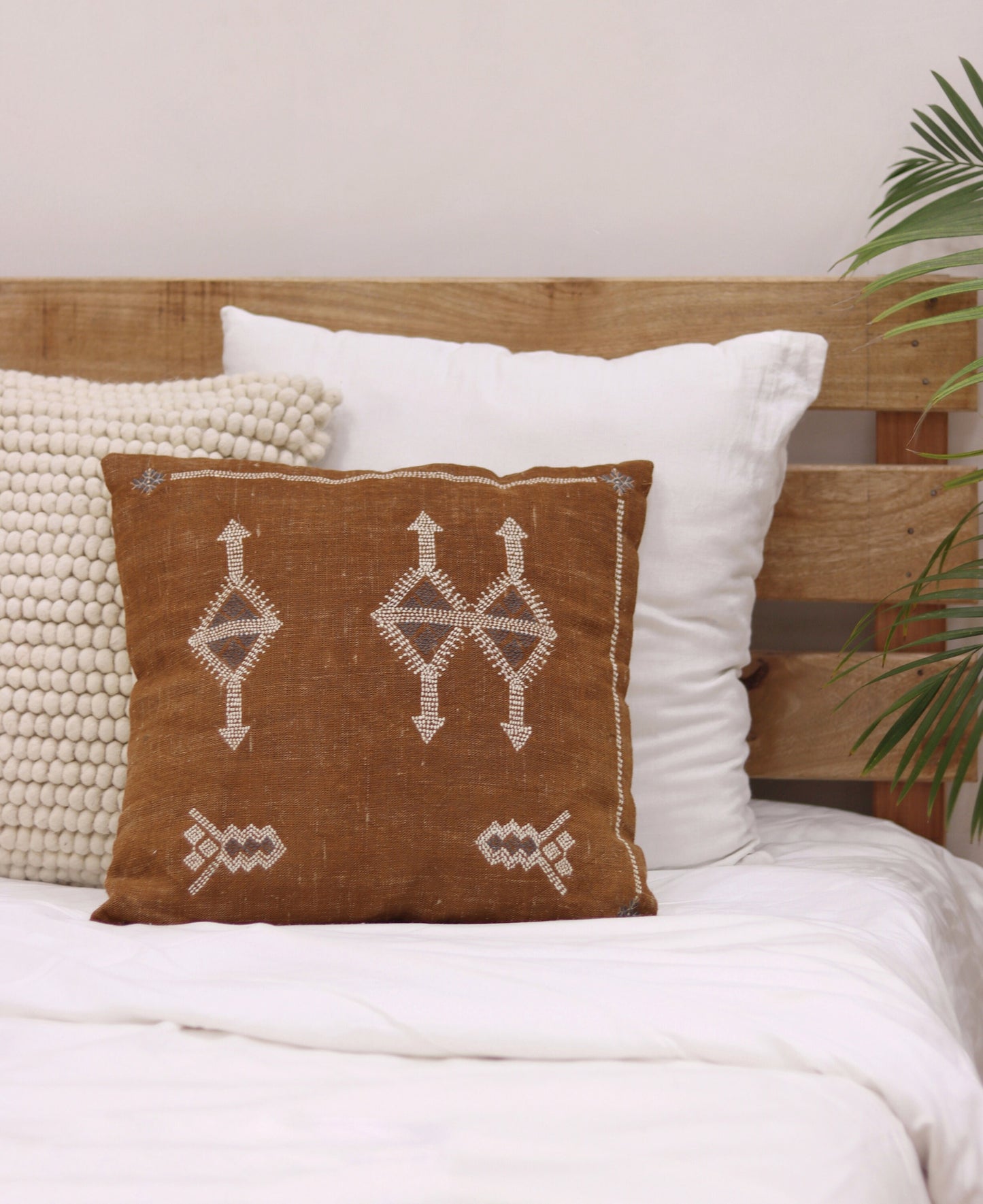 Hand Embroidered Linen Pillow Cover: Boho Linen Pillow Cover 20X20 | Tan Boho Throw Pillow | Designer Accent Pillowcase
