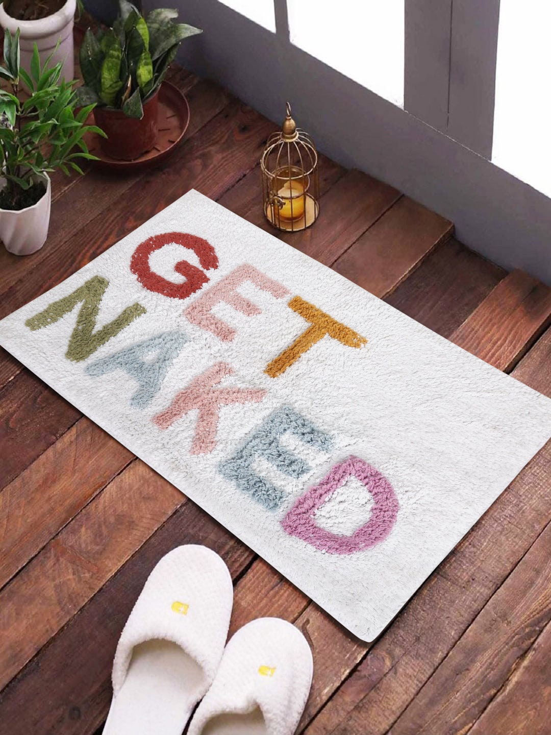 Hand-Tufted Cotton Bath Mat: Playful “Get Naked” Bathroom Rug | Handmade Cotton Non-Slip Bath Mat | Unique Bathroom Decor