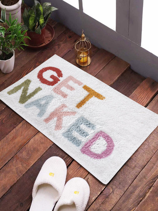 Hand-Tufted Cotton Bath Mat: Playful “Get Naked” Bathroom Rug | Handmade Cotton Non-Slip Bath Mat | Unique Bathroom Decor