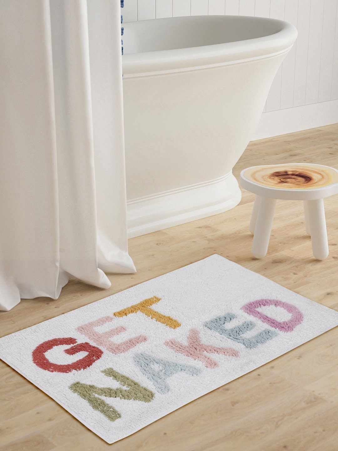 Hand-Tufted Cotton Bath Mat: Playful “Get Naked” Bathroom Rug | Handmade Cotton Non-Slip Bath Mat | Unique Bathroom Decor