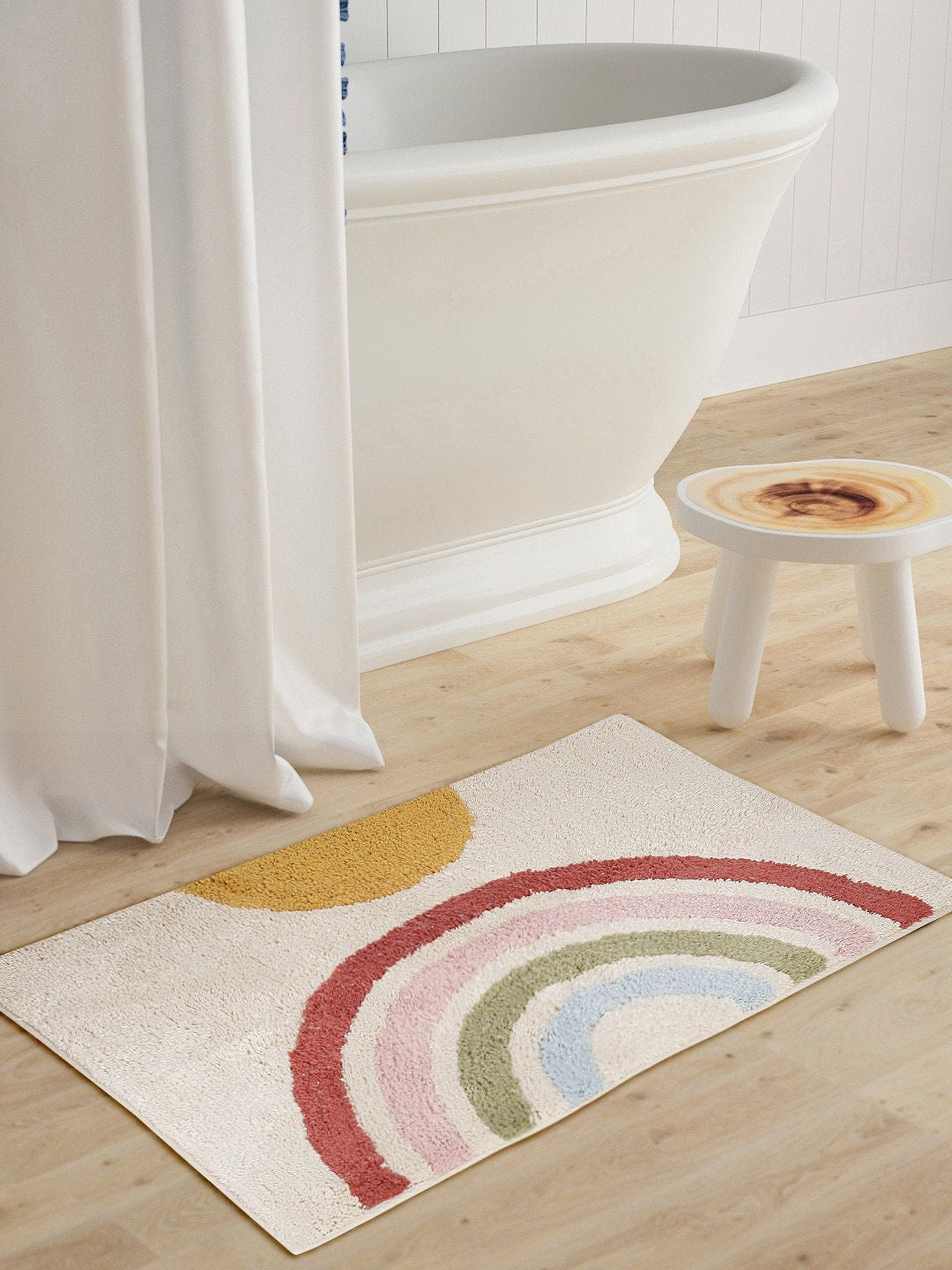 Hand Tufted Rainbow Bath Mat: Colorful Non-Slip Cotton Bathroom Rug | Handmade Modern Bath Mat for Cozy Home Decor