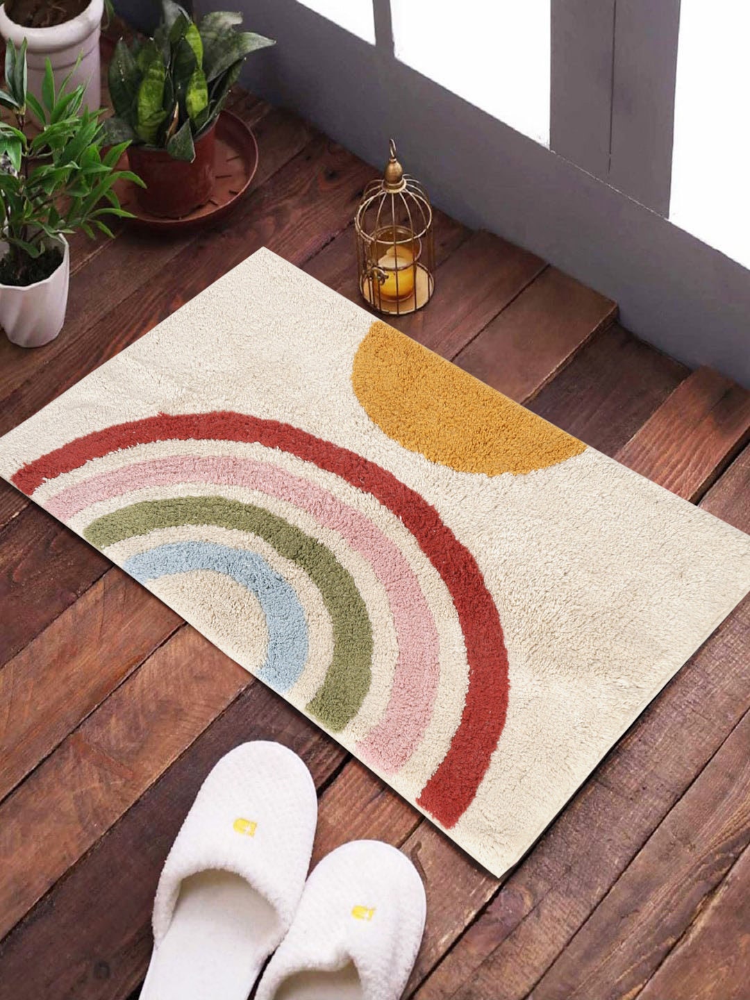 Hand Tufted Rainbow Bath Mat: Colorful Non-Slip Cotton Bathroom Rug | Handmade Modern Bath Mat for Cozy Home Decor