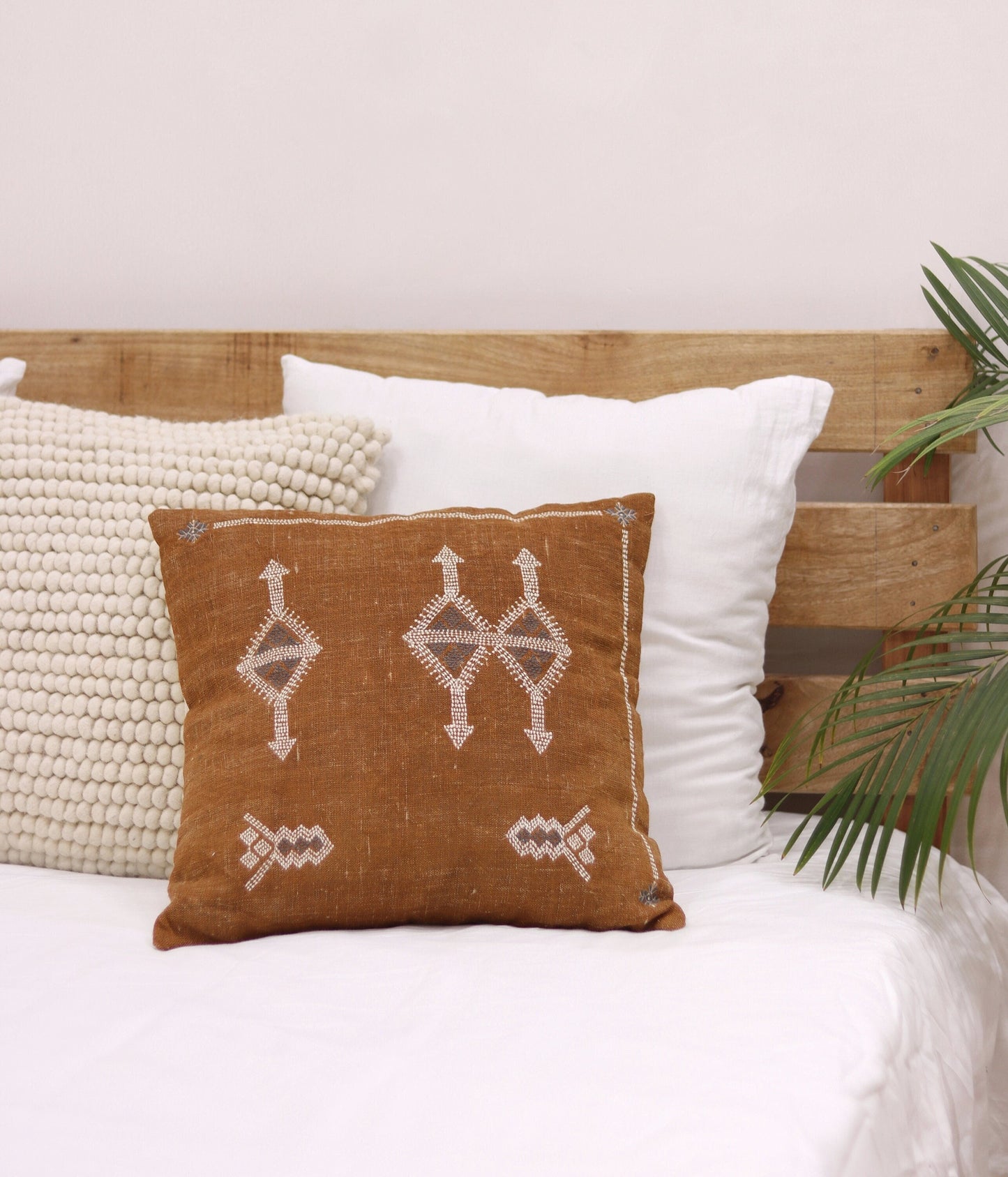 Hand Embroidered Linen Pillow Cover: Boho Linen Pillow Cover 20X20 | Tan Boho Throw Pillow | Designer Accent Pillowcase