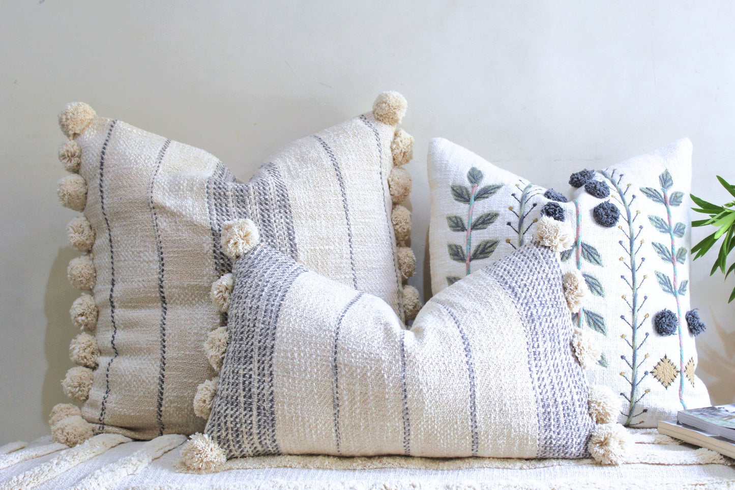 Embroidered Cotton Pillow Cover Set: Boho Farmhouse Throw Pillows