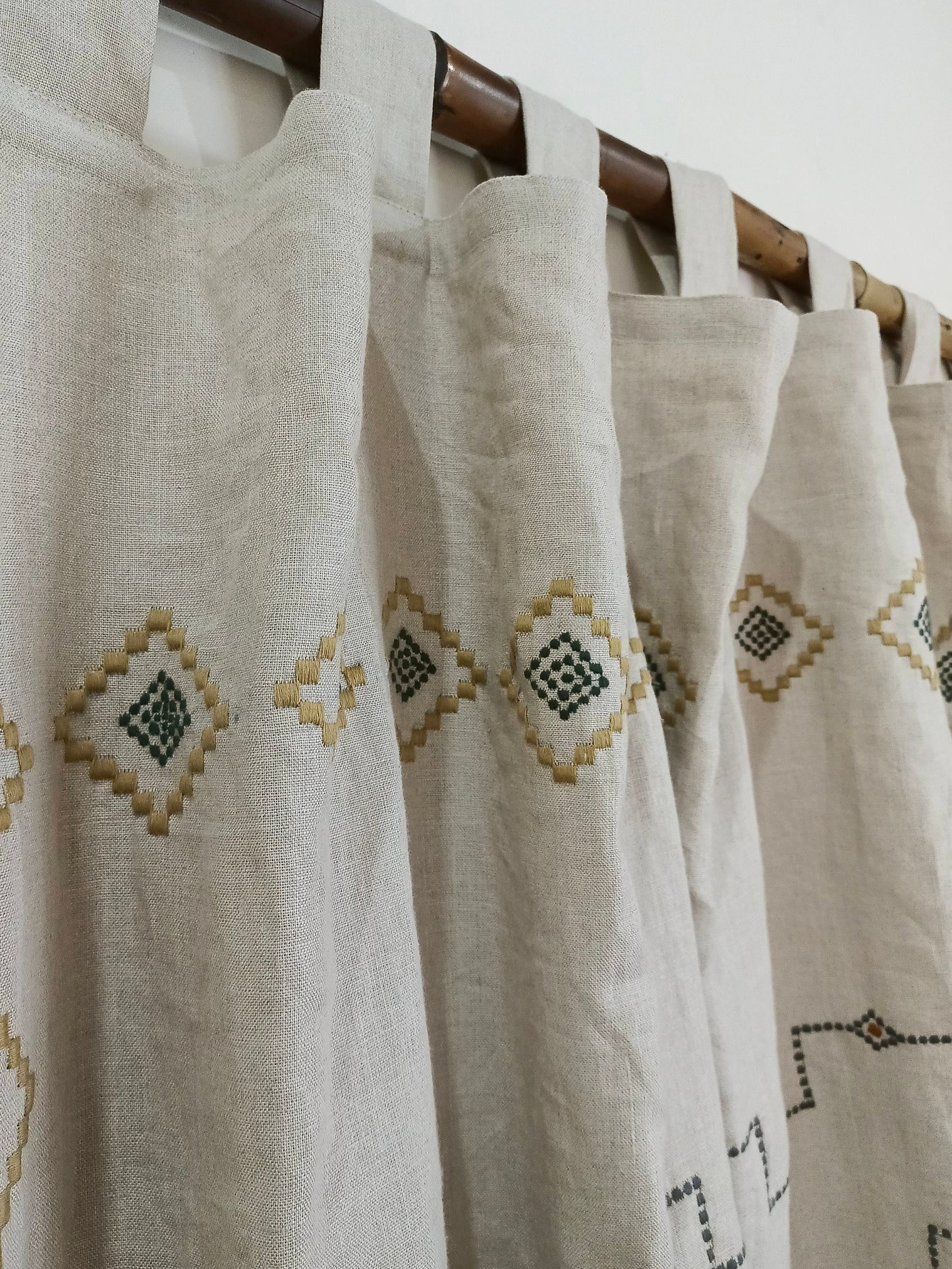 Embroidered Linen Curtain Panel: Natural Boho Farmhouse Drapes