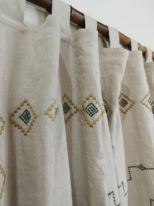 Embroidered Linen Curtain Panel: Natural Boho Farmhouse Drapes