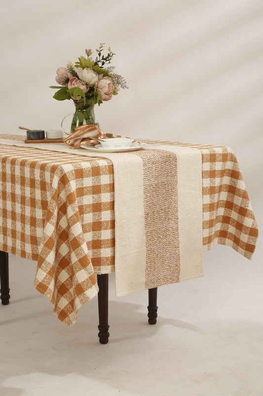 Handwoven Cotton Boucle Table Runner, Rustic Farmhouse Plaid Decor