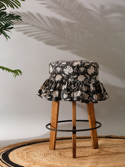 Hand Block Printed Linen Barstool Cover: Black Floral Fringe, 14-inch