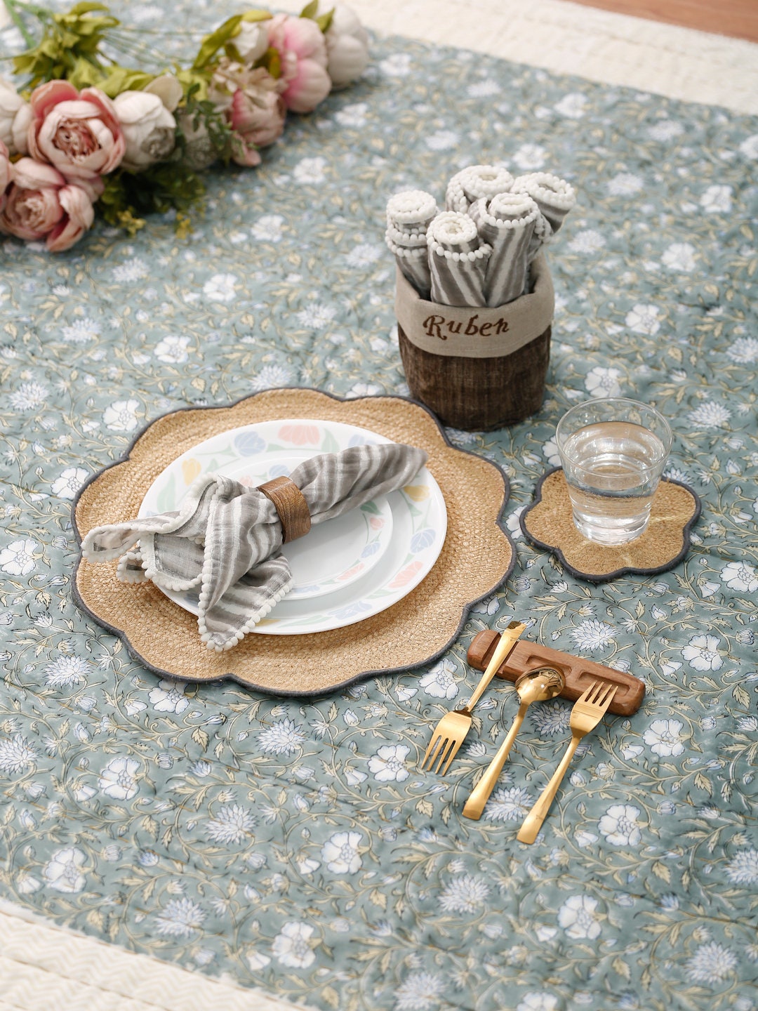 Handmade Jute Floral Placemats: Set of 6 Woven Table Mats