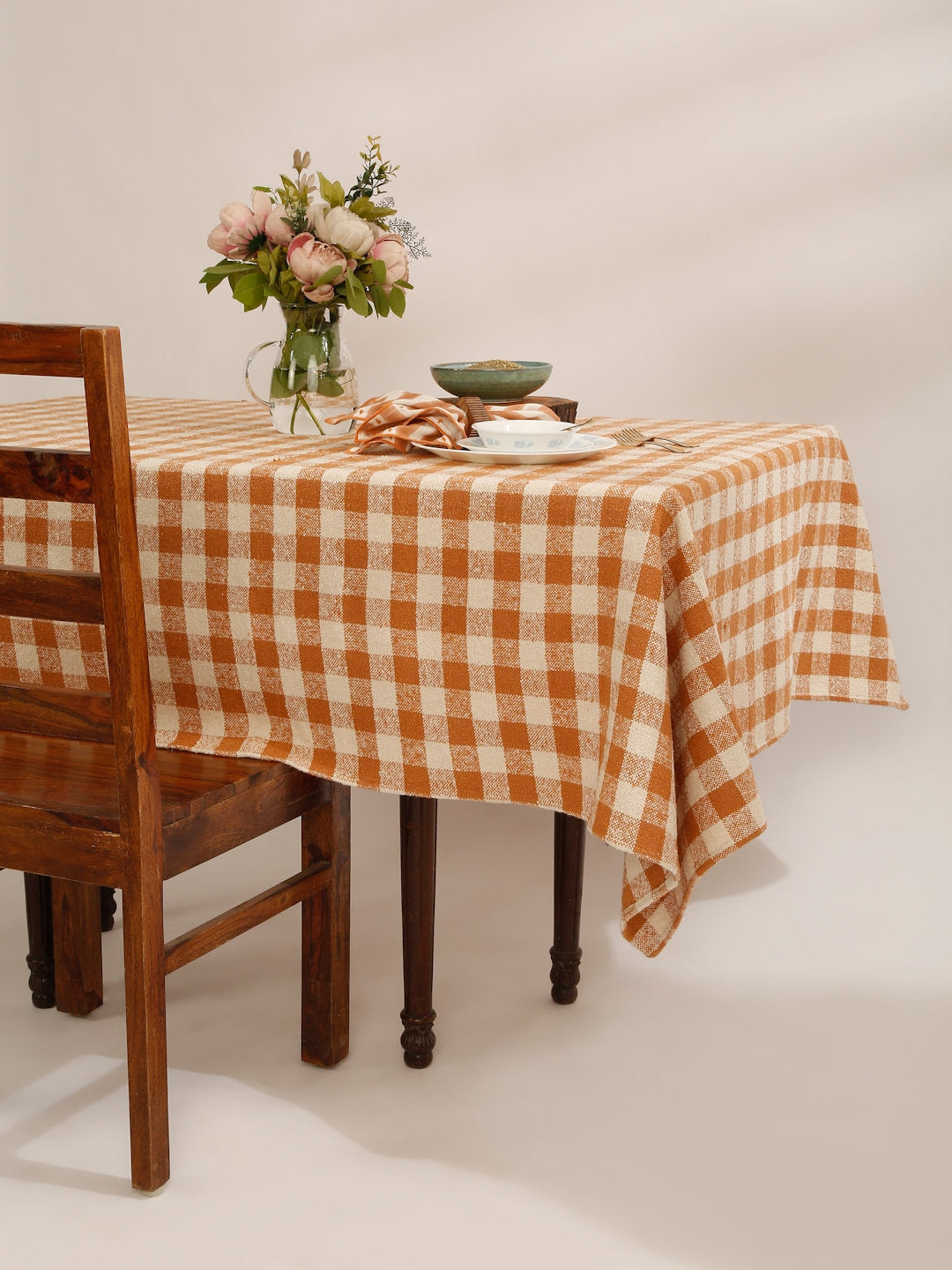 Handloom Cotton Boucle Tablecloth: Pumpkin Spice Checkered Fall Decor (52X70")