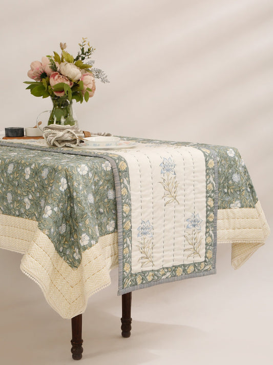 Hand Block Printed Cotton Table Runner | Floral Kantha Stitch Decor