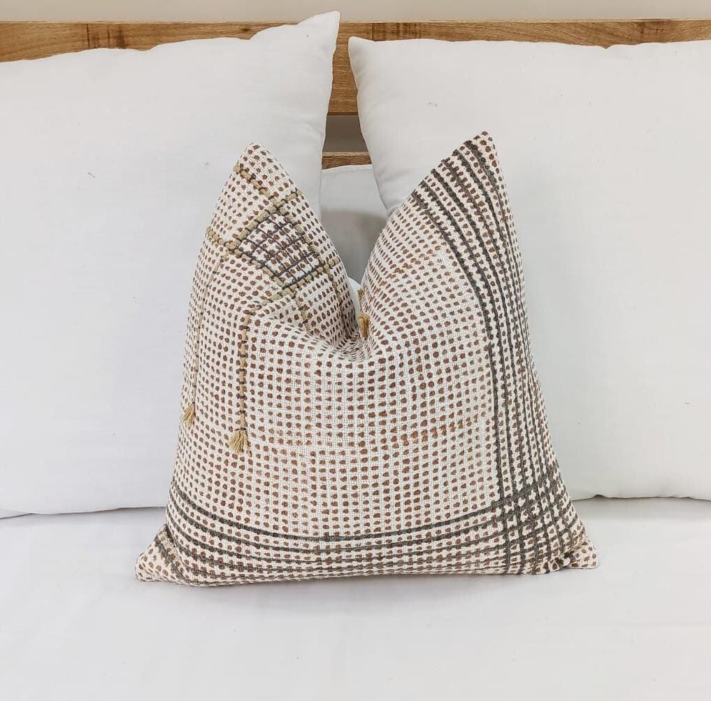Hand Block Print Check Pillow Cover: Grey & Brown Check Pillow Cover | 18x18 Hand Block Print Decorative Pillow | Handmade Boho Home Decor