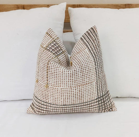 Hand Block Print Check Pillow Cover: Grey & Brown Check Pillow Cover | 18x18 Hand Block Print Decorative Pillow | Handmade Boho Home Decor