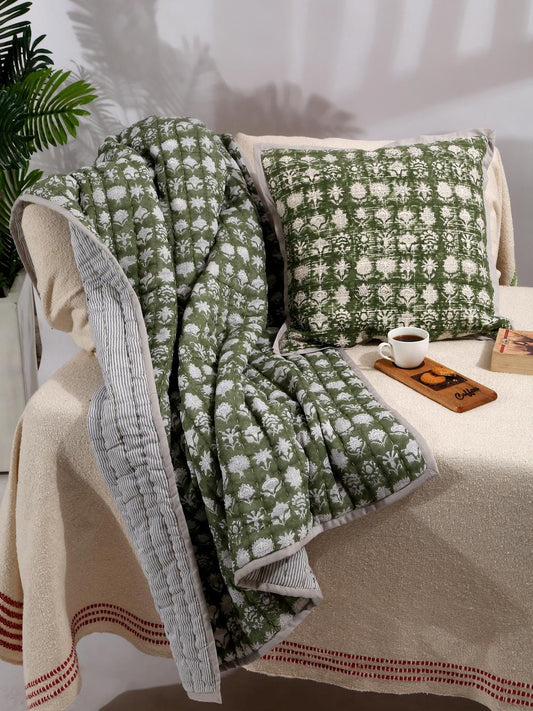 Hand Block Printed Cotton Throw Blanket – Indian Kantha Quilt, Boho Couch & Bed Throw