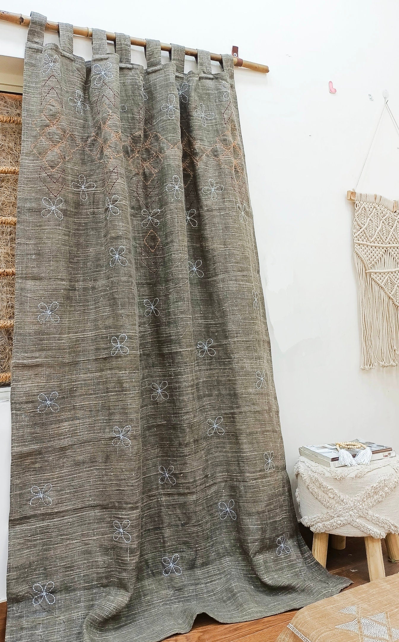 Hand Embroidered Linen Curtain: Boho Farmhouse Window Panel