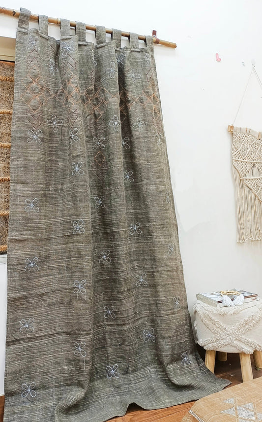 Hand Embroidered Linen Curtain: Boho Farmhouse Window Panel