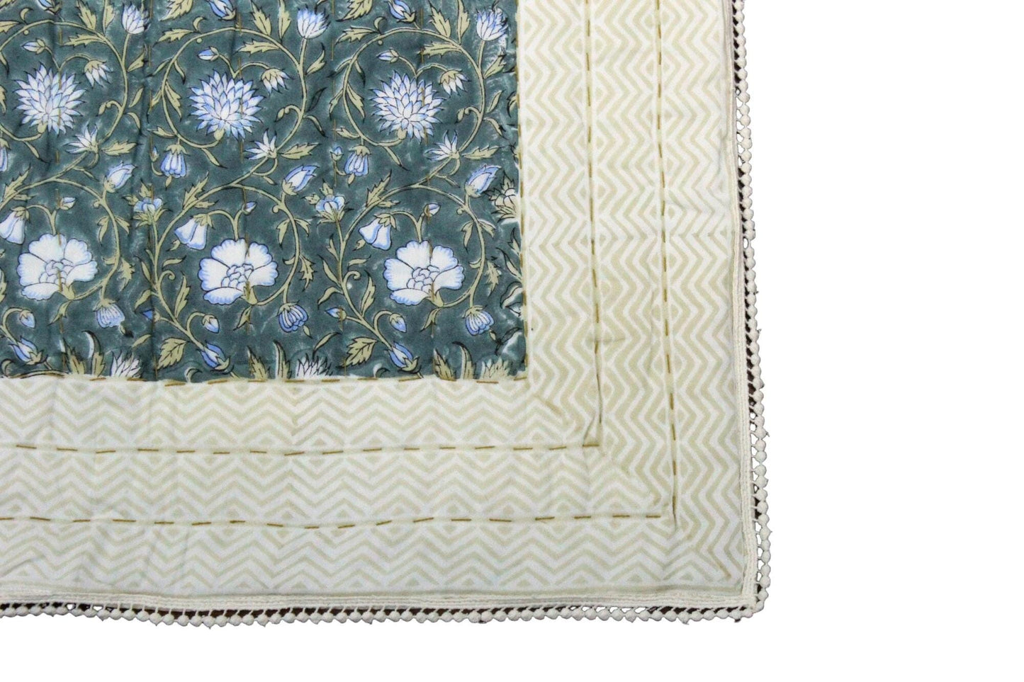 Hand Block Printed Kantha Quilted Tablecloth, Floral Boho Farmhouse Table Decor