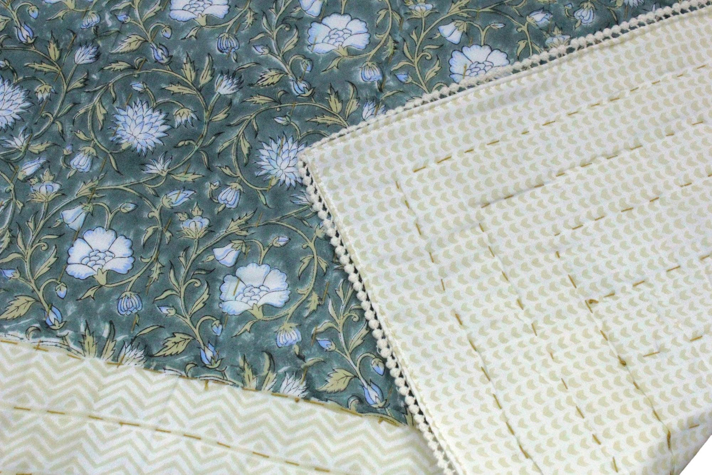 Hand Block Printed Kantha Quilted Tablecloth, Floral Boho Farmhouse Table Decor