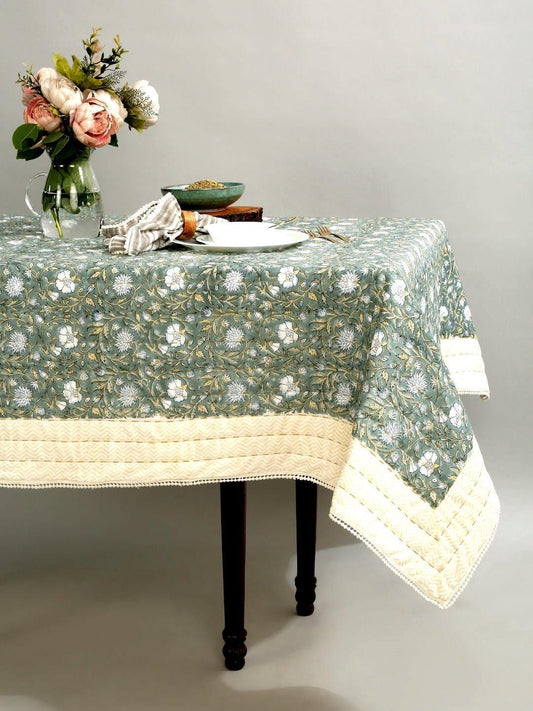 Hand Block Printed Kantha Quilted Tablecloth, Floral Boho Farmhouse Table Decor