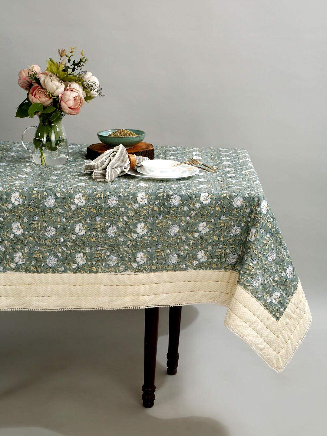Hand Block Printed Kantha Quilted Tablecloth, Floral Boho Farmhouse Table Decor