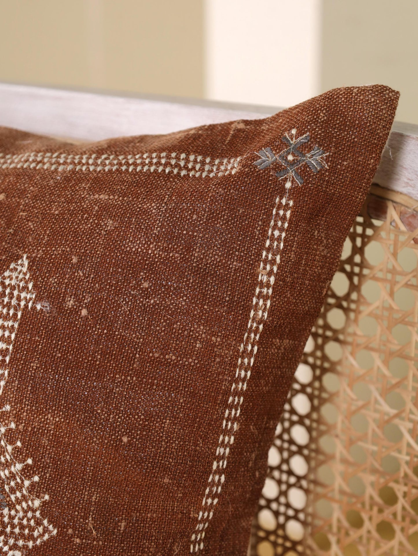 Hand Embroidered Linen Pillow Cover: Boho Linen Pillow Cover 20X20 | Tan Boho Throw Pillow | Designer Accent Pillowcase