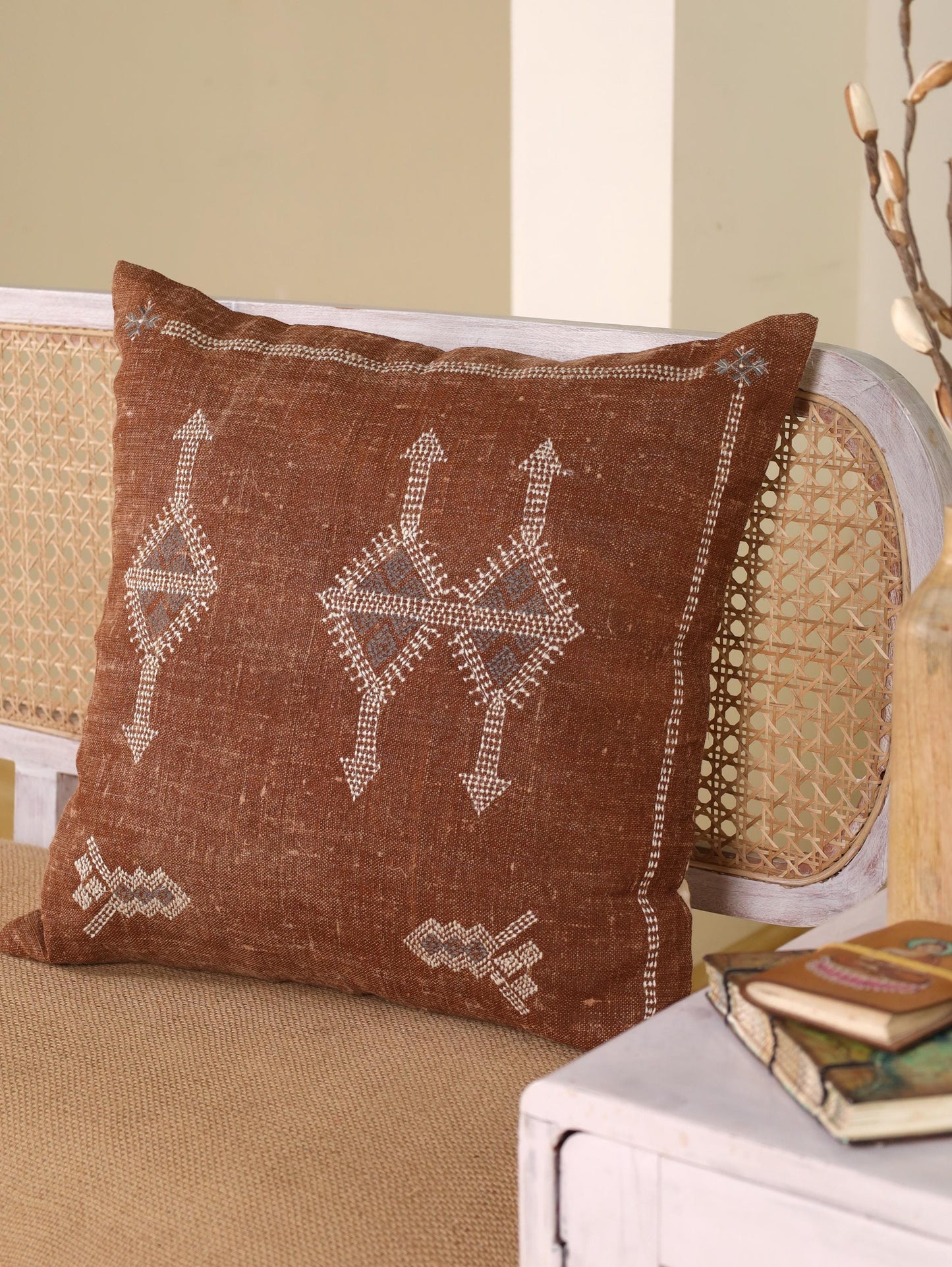 Hand Embroidered Linen Pillow Cover: Boho Linen Pillow Cover 20X20 | Tan Boho Throw Pillow | Designer Accent Pillowcase