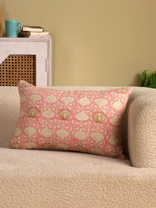 Pink Floral Lumbar Pillow Cover: Embroidered Hand Block Print, Linen 14x22