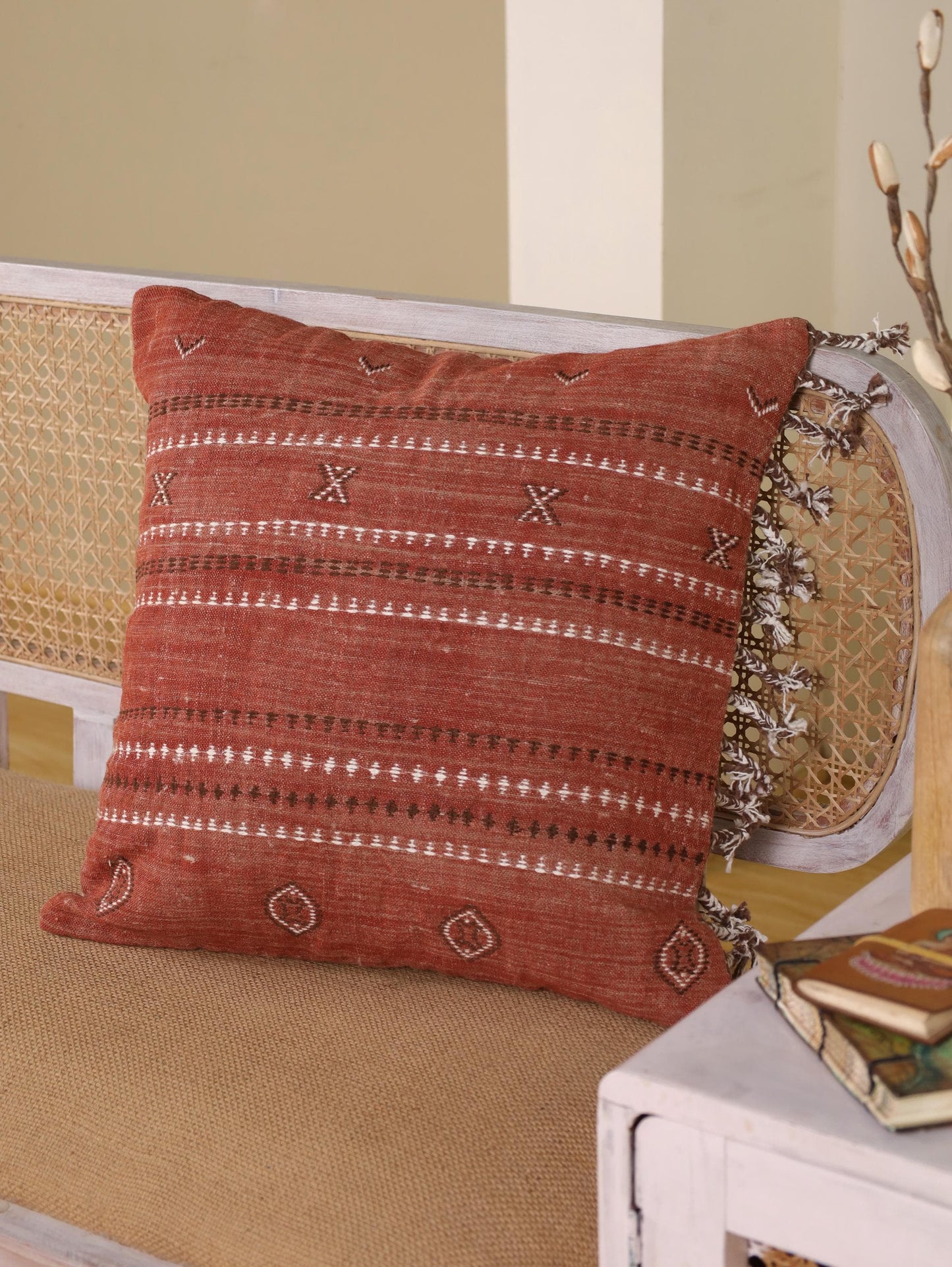 Hand-Embroidered Rust Linen Pillow Cover: Moroccan Boho Throw Pillow (20x20)