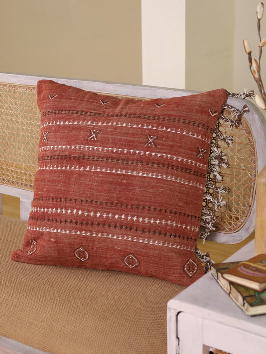 Hand-Embroidered Rust Linen Pillow Cover: Moroccan Boho Throw Pillow (20x20)